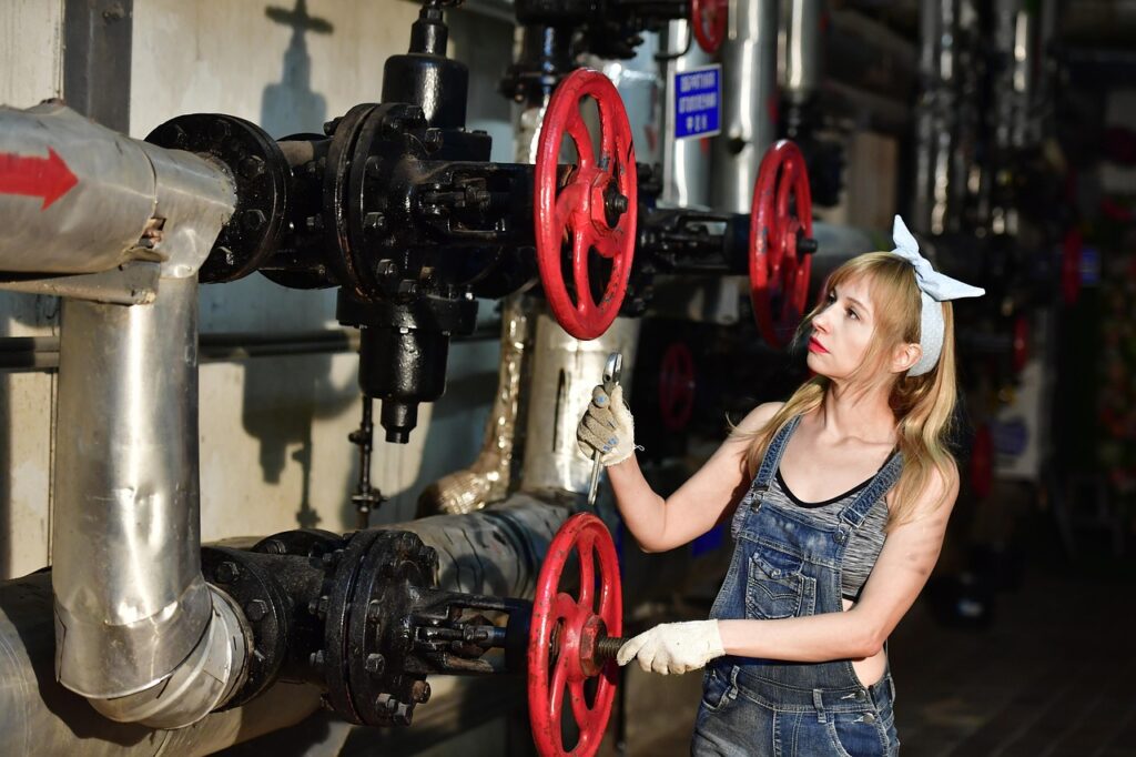 plumber, communication, pipe, water, heating, repair, young woman, wrench, nature, basement