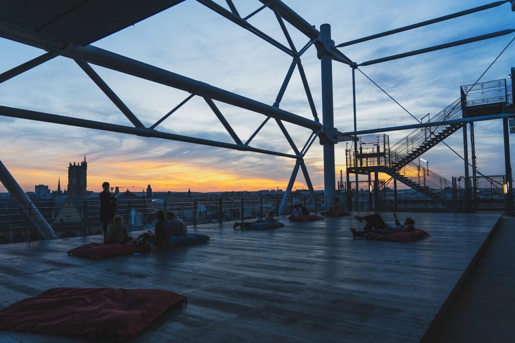 terrace, sunset, roof deck, evening atmosphere, dusk, city, nature, twilight