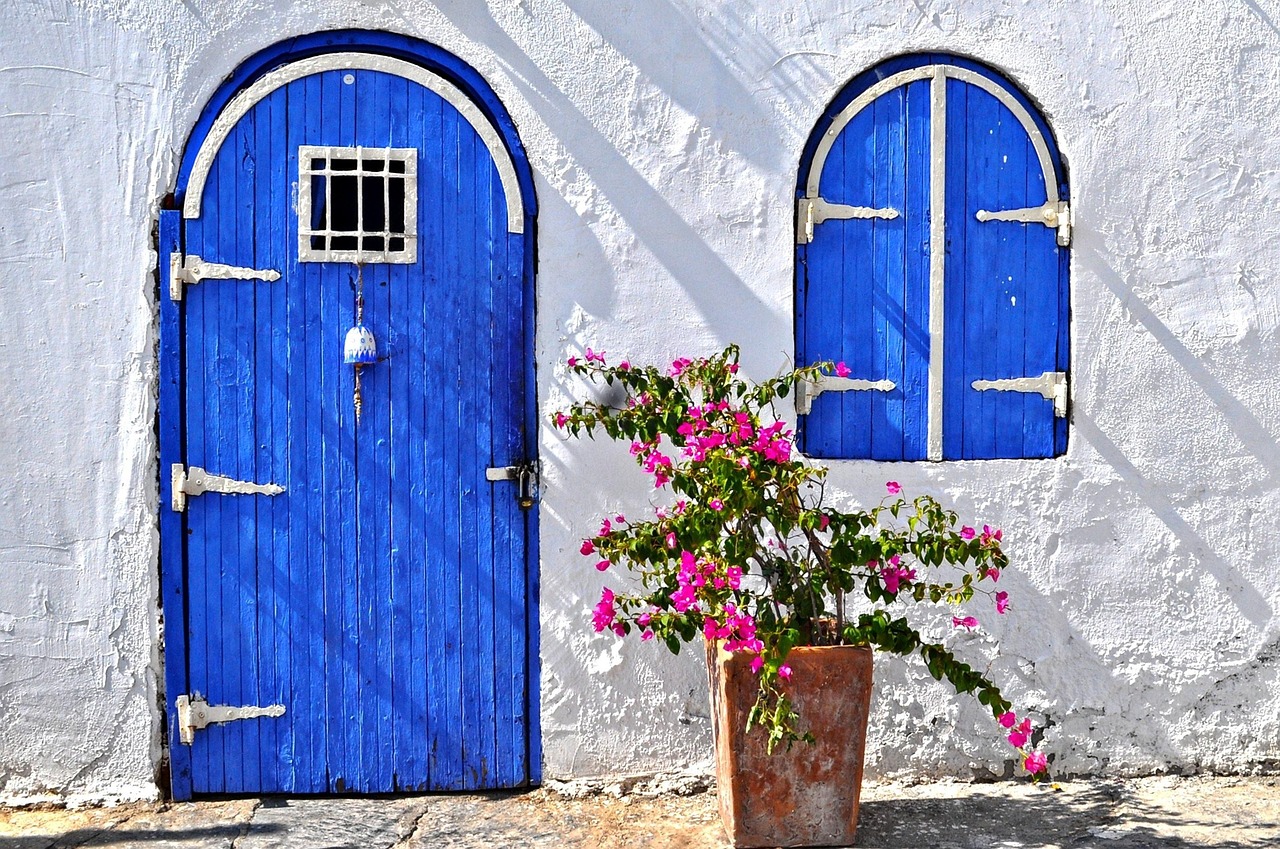 basement, the house, gate, blue, pink flower, blue door, blue window, white walls, basement, basement, basement, basement, basement, gate, blue door, blue door, blue door, blue door