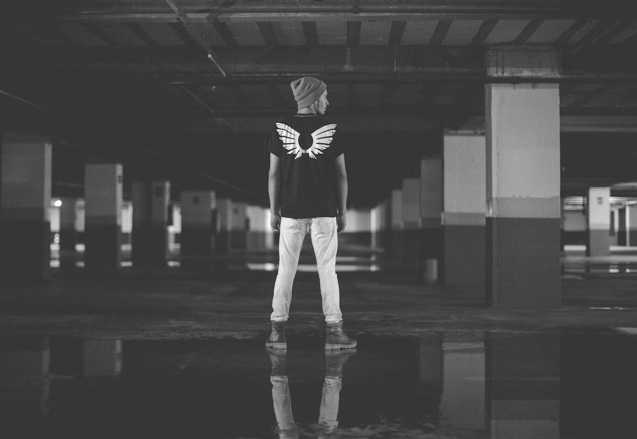 building, structure, basement, people, guy, man, black and white, nature, alone, water, gray alone