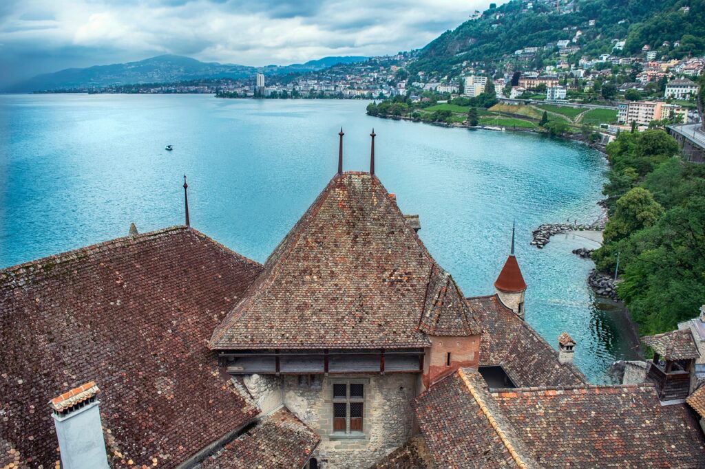 castle, roof, fortress, lake, village, roofing, town, sky, nature, switzerland, landscape