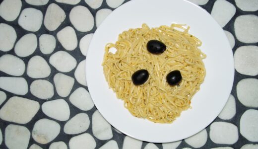 pasta, olives, plate, mosaic, river rock, white, black, caulk, stone, tile, natural, rocks, food