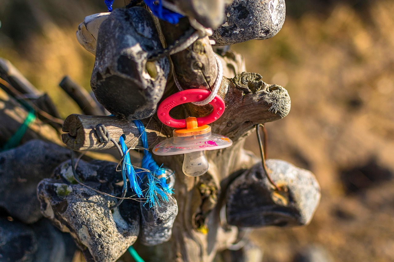 dummy, infant, child, silicone, plastic, sucking, hünergott, birth, summer, nature, stone wood, baltic sea, vacations, second hand, ring, rope, knitting