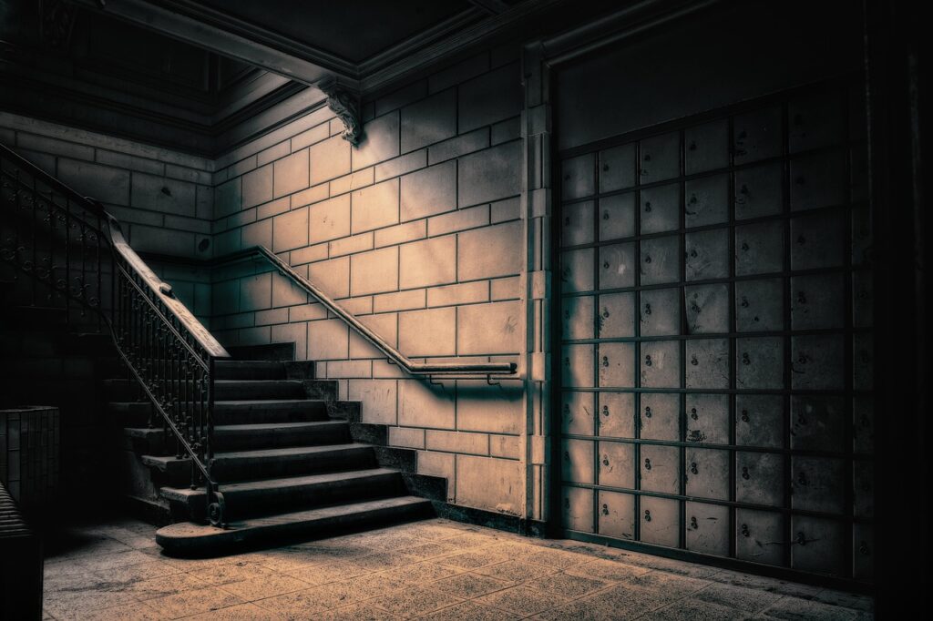 stairs, basement, cellar, shooting specialist, grim, pforphoto, building, dark, mood, house, old, scary, railing, rise, past, nostalgia, the atmosphere, abandoned, lost places, abandoned places