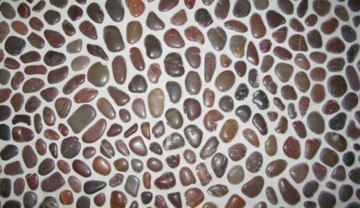 river rock, brown, white, caulk, mosaic, tile, natural, rocks, river, bathroom, tiling, flooring, gray bathroom