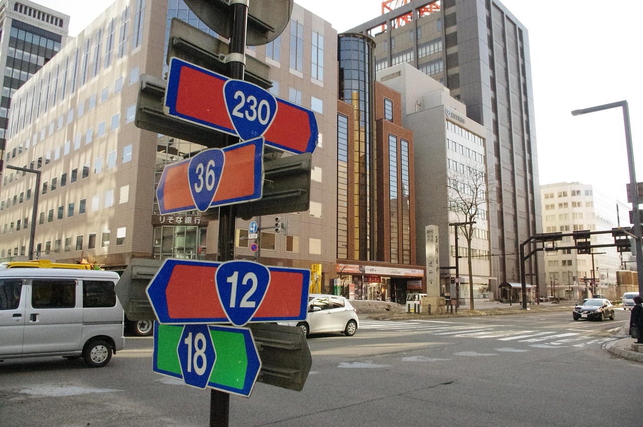 road sign, number, road, sign, traffic, route, car wallpapers, drive, driving, street, car, city, urban, travel, tourism, trip, japan, hokkaido, sapporo, cityscape, twelve, eighteen, 230, 36, 12, 18