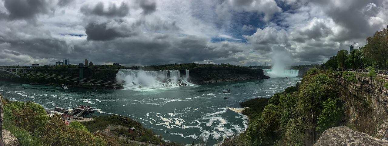 niagara falls, niagara, canada, us, us falls, horseshoe falls, view, beautiful, water, nature, clouds, rock, boat, panorama