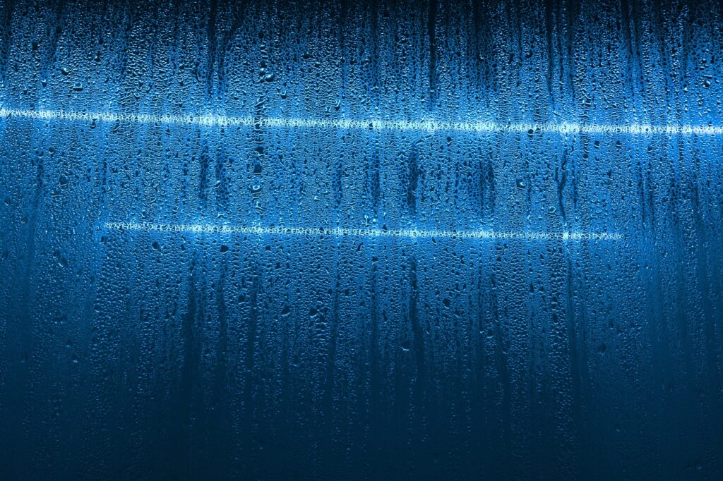 vapor, condensation, glass, window, drops, nature, water, fluid, wet, droplets, aqua, blue, dew, neon lights, moisture, moist