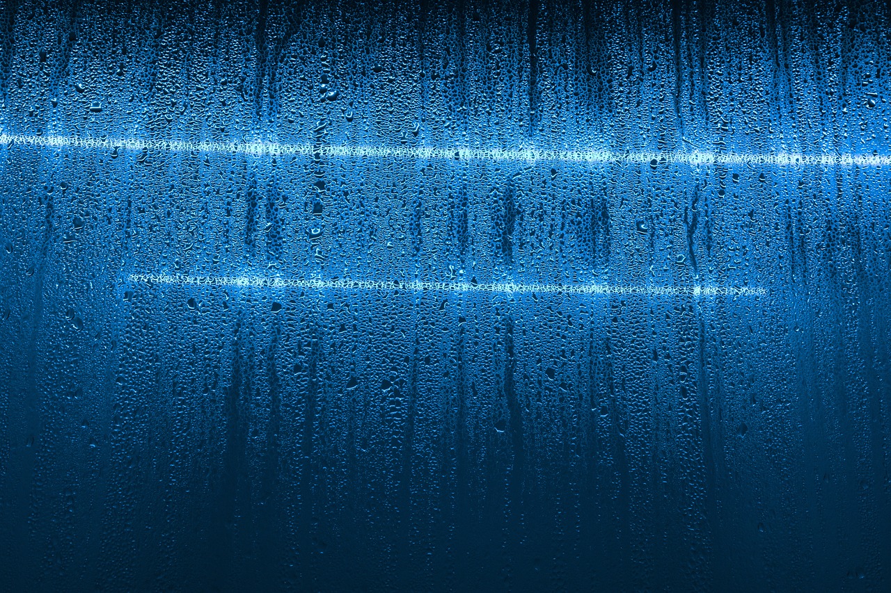 vapor, condensation, glass, window, drops, nature, water, fluid, wet, droplets, aqua, blue, dew, neon lights, moisture, moist