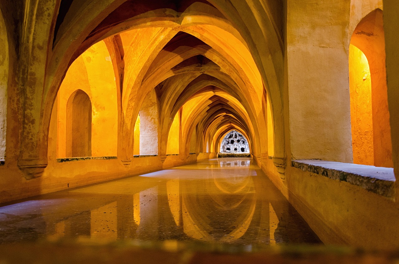 architecture, travel, light, bow, building, city, monument, tourism, pillar, inside, old, landmark, seville, spain, andalusia, alcazar, palace, royal palace, basement, cellar, seville, seville, spain, palace, palace, palace, palace, palace, royal palace