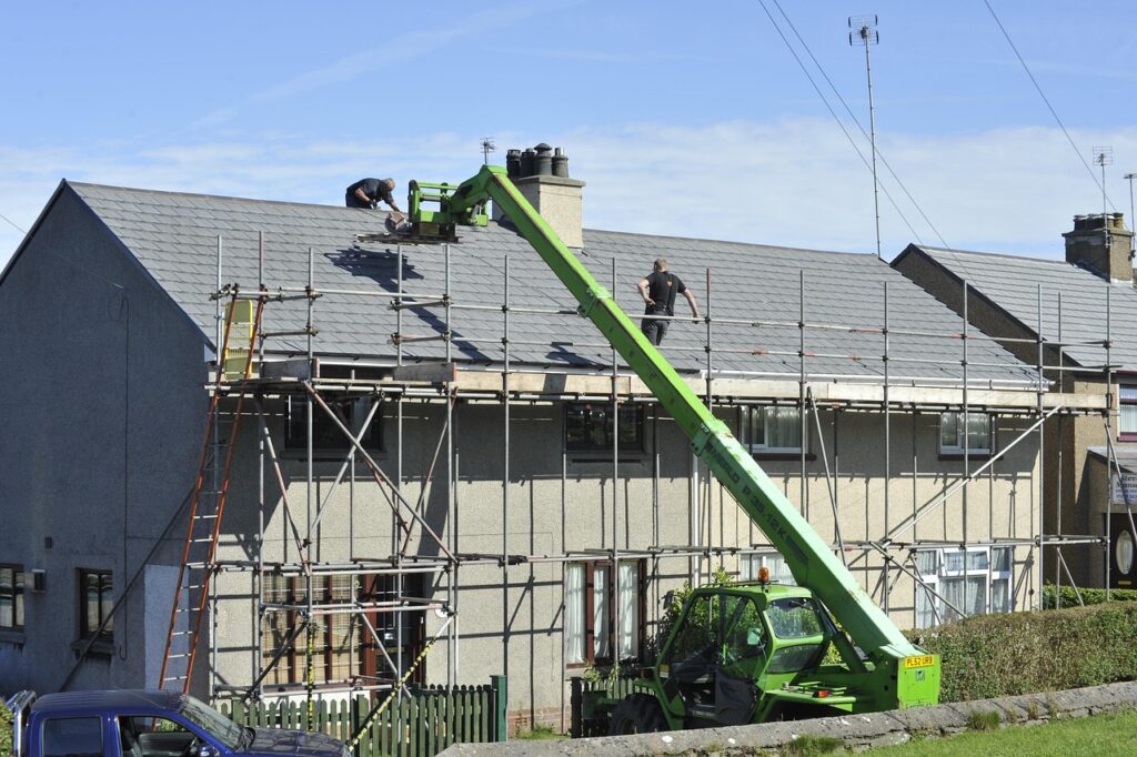 scaffold, roof, tiles, repair, building, construction, architecture, house, scaffolding, home, structure, build, new, residential, housing, development, work, estate, builder, property, brick, safety, floor, facade, site, roofing construction, construct, nature, industry, exterior, house exterior, sky, house roof, building construction