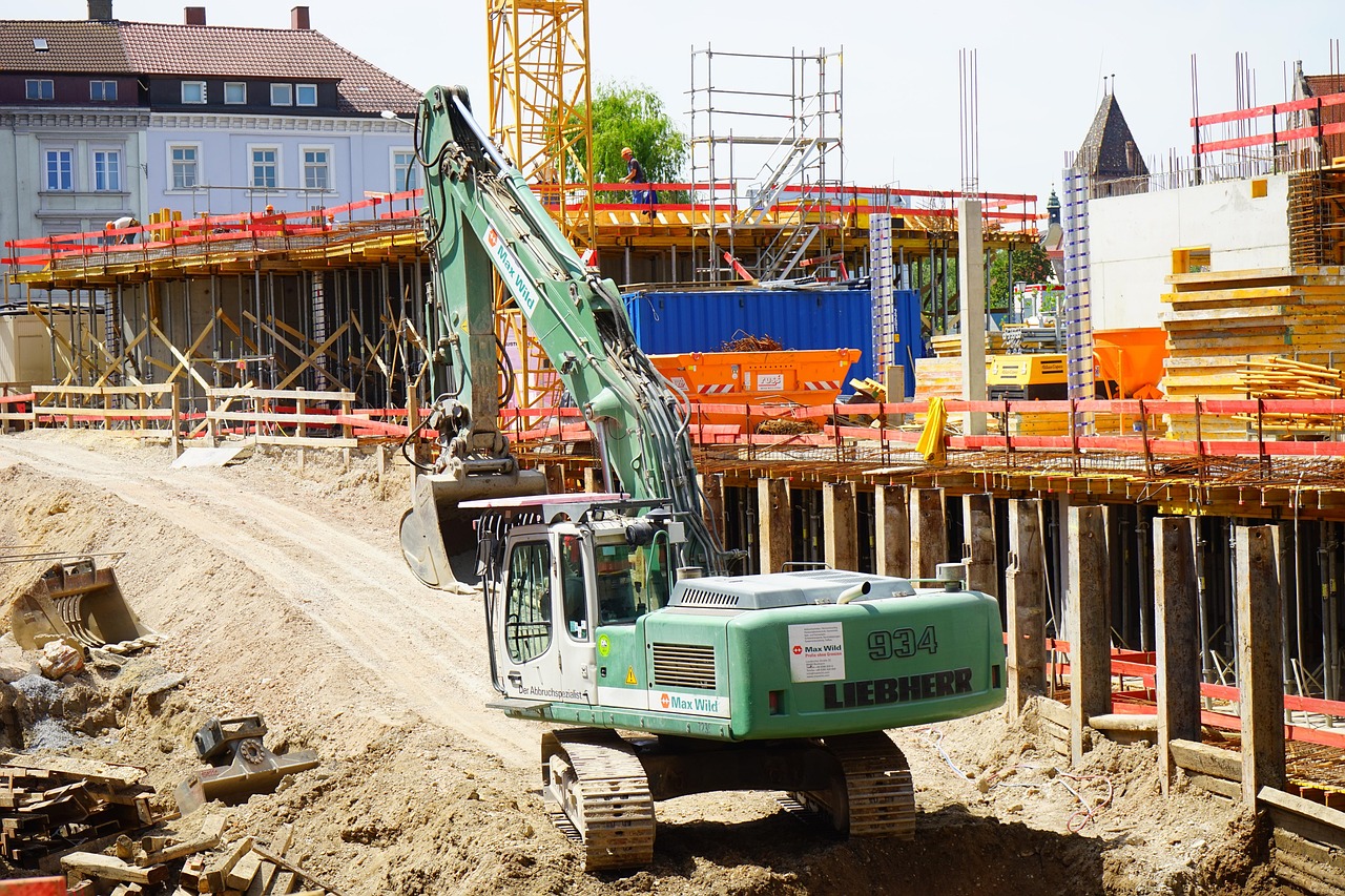 construction site, excavator, construction vehicle, dredge, new building