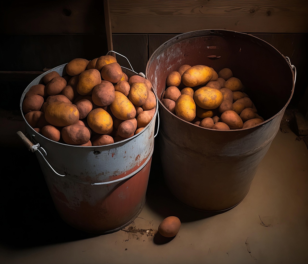 bucket, potato, farm, food, organic, countryside, basement, rustic, vintage, home grown, ai generated