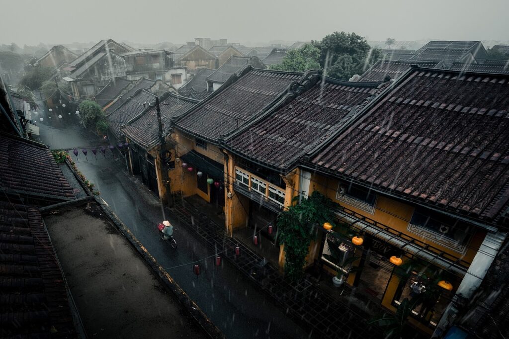 buildings, houses, street, city, nature, rain, storm, weather, aerial