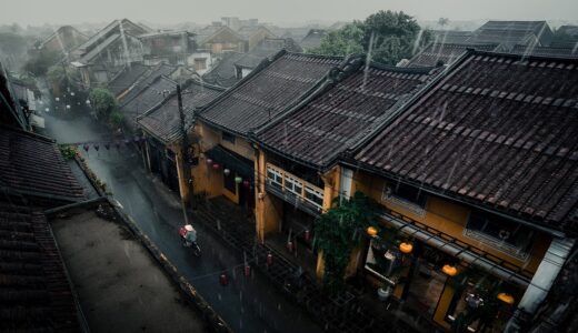 buildings, houses, street, city, nature, rain, storm, weather, aerial
