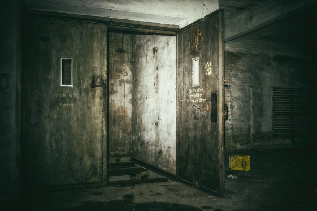 lost places, elevator, underground, dark, gloomy, weird, mood, mystical, spooky, darkness, shadow, horror, fear, nightmare, door, open, lift, abandoned, empty, broken, destroyed, old, lapsed, decay, abandoned places, horror, horror, horror, horror, horror