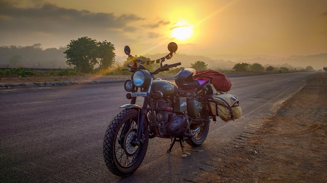 motorcycle, bike, wheels, road, nature, highway, side road, sunset, vintage, royal enfield, classic 350, modified, travel, roadtrip