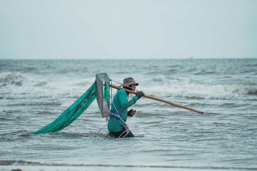 fisherman, man, sea, hardworking, nature, traditional, vietnam, work, outdoors