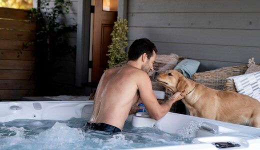 dog, hot tub, man, animal, water, blinds, room, puppy, relaxation, outdoor activities, pet, hugging, love, friendship, privacy, relaxation time, terrace, nature, laziness, cosiness