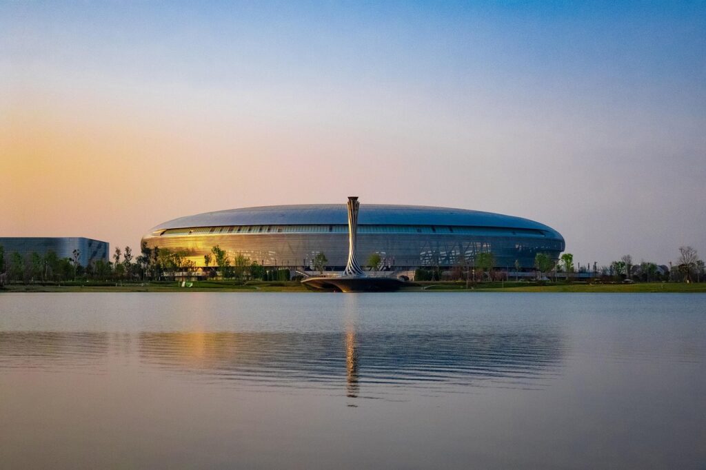 lake, bridge, stadium, torch, park, dong'an lake, chengdu, china, universiade, world university games, sky, fisu world university games, nature, sports meeting, China, Chengdu, Sichuan