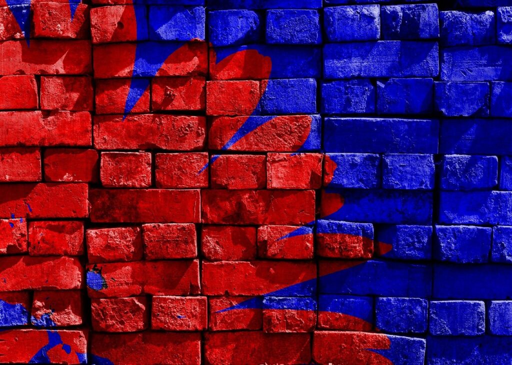 blue, red, painted, brick, hd wallpaper, wall, artwork, art, decoration, painted wall, digital manipulation, photo art, cool wallpaper