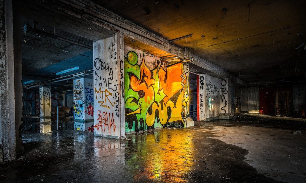 urban, warehouse, factory, building, industrial, industry, structure, space, wall, empty, graffiti, tags, abandoned, old, grunge, trashed, rests, falling, apart, color, spray, paint, art, painting, water, reflection, mirror, floor, nobody, light, indoor, dirty, underground, culture, nature, street art, trash, garbage, stockholm, sweden