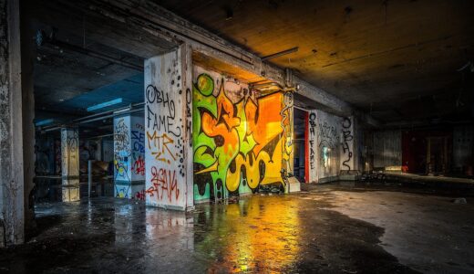 urban, warehouse, factory, building, industrial, industry, structure, space, wall, empty, graffiti, tags, abandoned, old, grunge, trashed, rests, falling, apart, color, spray, paint, art, painting, water, reflection, mirror, floor, nobody, light, indoor, dirty, underground, culture, nature, street art, trash, garbage, stockholm, sweden