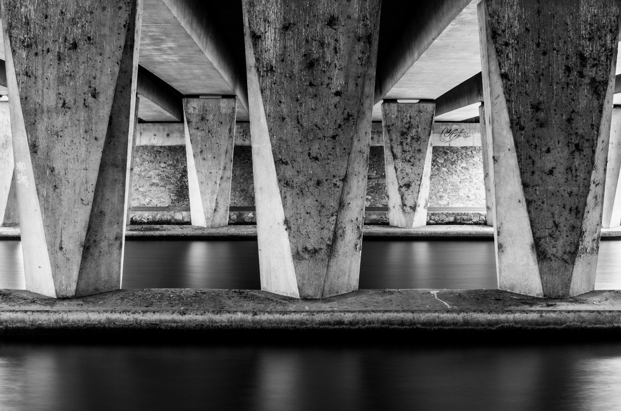 pillars, water, architecture, river, nature, bridge, construction, building, foundation, gray construction, gray river, gray bridge