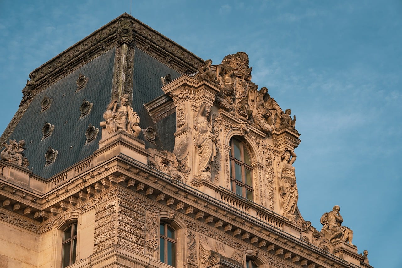 louvre, paris, museum, art, culture, building, sculptures, artful, roof, window, facade, architecture